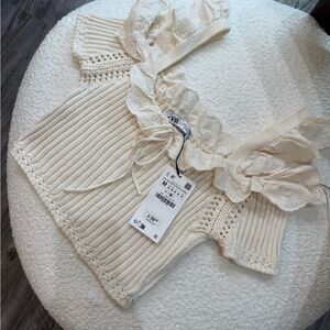 NWT ZARA Woman Combination Crop Top Ruffle Lace Detail White Ecru Size M